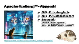 Apache Iceberg™ - Append
● NiFi - PutIcebergTable
● NiFi - PutDatabaseRecord
● Snowpark -
df.write.mode("append").
save_as_table("atable_iceberg")
https://quickstarts.snowflake.com/guide/getting_started_iceberg_tables/
 