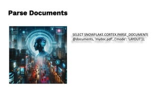 Parse Documents
SELECT SNOWFLAKE.CORTEX.PARSE_DOCUMENT(
@documents, 'mydoc.pdf', {'mode': 'LAYOUT'});
 