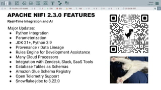 APACHE NIFI 2.3.0 FEATURES
Major Updates:
● Python Integration
● Parameterization
● JDK 21+, Python 3.9
● Provenance / Data Lineage
● Rules Engine for Development Assistance
● Many Cloud Processors
● Integration with Zendesk, Slack, SaaS Tools
● Database Tables as Schemas
● Amazon Glue Schema Registry
● Open Telemetry Support
● Snowﬂake-jdbc to 3.22.0
Real-Time Integration and AI
 