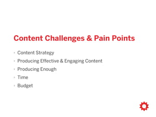 Content Challenges & Pain Points
‣ Content Strategy
‣ Producing Effective & Engaging Content
‣ Producing Enough
‣ Time
‣ Budget
 