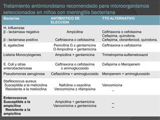 Tratamiento antimicrobiano recomendado para microorganismos
seleccionados en niños con meningitis bacteriana
Bacterias ANTIBIOTICO DE
ELECCION
TTO ALTERNATIVO
H. Influenzae
β - lactamasa negativo
β - lactamasa positivo
Ampicilina
Ceftriaxona o cefotaxima
Ceftriaxona o cefotaxima
Cefepima, quinolona.
Cefepima, cloranfenicol, quinolona.
S. agalactiae Penicilina G ± gentamicina
O Ampicilina + gentamicina
Ceftriaxona o cefotaxima
Listeria Monocytogenes Ampicilina + gentamicina Trimetropima-sulfametoxazol
E. Coli y otras
enterobactericeae
Ceftriaxona o cefotaxima
± aminoglucosido
Cefepima o Meropenem
Pseudomonas aeruginosa Ceftazidima + aminoglucosido Meropenem + aminoglucosido
Stafilococcus aureus
Susceptible a la meticiclina
Resistente a la meticiclina
Nafcilina u oxacilina
Vancomicina ± rifampicina
Vancomicina
_
Enterococcus
Susceptible a la
ampicilina
Resistente a la
ampicilina
Ampicilina + gentamicina
Vancomicina ± gentamicina
_
_
 