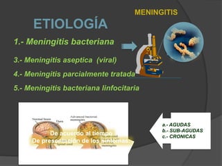1.- Meningitis bacteriana
3.- Meningitis aseptica (viral)
4.- Meningitis parcialmente tratada
5.- Meningitis bacteriana linfocitaria
MENINGITIS
a.- AGUDAS
b.- SUB-AGUDAS
c.- CRONICAS
ETIOLOGÍA
De acuerdo al tiempo
De presentación de los síntomas:
 