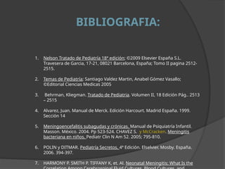 BIBLIOGRAFIA:
1. Nelson Tratado de Pediatría 18ª edición; ©2009 Elsevier España S.L.
Travesera de Garcia, 17-21, 08021 Barcelona, España; Tomo II pagina 2512-
2515.
2. Temas de Pediatría; Santiago Valdez Martin, Anabel Gómez Vasallo;
©Editorial Ciencias Medicas 2005
3. Behrman, Kliegman. Tratado de Pediatria. Volumen II, 18 Edición Pág.. 2513
– 2515
4. Alvarez, Juan. Manual de Merck. Edición Harcourt. Madrid España. 1999.
Sección 14
5. Meningoencefalitis subagudas y crónicas. Manual de Psiquiatría Infantil.
Masson. México. 2004. Pp 523-524. CHAVEZ S. y McCracken. Meningitis
bacteriana en niños. Pediatr Clin N Am 52. 2005; 795-810.
6. POLIN y DITMAR. Pediatría Secretos. 4ª Edición. Elselvier. Mosby. España.
2006. 394-397.
7. HARMONY P. SMITH P. TIFFANY K, et. Al. Neonatal Meningitis: What Is the
 