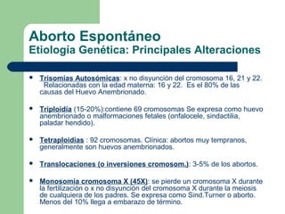 Aborto Espontáneo
Etiología Genética: Principales Alteraciones
 Trisomías Autosómicas: x no disyunción del cromosoma 16, 21 y 22.
Relacionadas con la edad materna: 16 y 22. Es el 80% de las
causas del Huevo Anembrionado.
 Triploidía (15-20%):contiene 69 cromosomas Se expresa como huevo
anembrionado o malformaciones fetales (onfalocele, sindactilia,
paladar hendido).
 Tetraploidias : 92 cromosomas. Clínica: abortos muy tempranos,
generalmente son huevos anembrionados.
 Translocaciones (o inversiones cromosom.): 3-5% de los abortos.
 Monosomía cromosoma X (45X): se pierde un cromosoma X durante
la fertilización o x no disyunción del cromosoma X durante la meiosis
de cualquiera de los padres. Se expresa como Sind.Turner o aborto.
Menos del 10% llega a embarazo de término.
 
