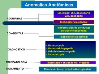 Anomalías Anatómicas
Sinequias: 66% post aborto
22% post parto
Incompetencia cervical
Implantación en zonas mal irrigadas
- Histeroscopía
- Histerosalpingografía
- Hidrohisterosonografía
- Laparoscopìa
ADQUIRIDAS
FISIOPATOLOGIA
DIAGNOSTICO
Malformación de conductos
de Müller (congénitas)
Incompetencia cervical
CONGENITAS
Resección histeroscópica-MetroplastíasTRATAMIENTO
 