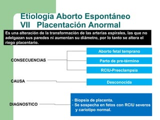 Aborto fetal temprano
Parto de pre-término
RCIU-Preeclampsia
Desconocida
- Biopsia de placenta.
- Se sospecha en fetos con RCIU severos
y cariotipo normal.
CONSECUENCIAS
CAUSA
DIAGNOSTICO
Etiología Aborto Espontáneo
VII Placentación Anormal
Es una alteración de la transformación de las arterias espirales, las que no
adelgazan sus paredes ni aumentan su diámetro, por lo tanto se altera el
riego placentario.
 
