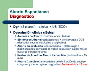 Aborto Espontáneo
DiagnósticoDiagnóstico
 Dgn:Dgn: (2 pilares): clínica + US (ECO)
 Descripción clínica clásica:Descripción clínica clásica:
 Amenaza de Aborto: contracciones uterinas.
 Síntoma de Aborto: contracciones + genitorragia x OCE
(descartar causas cervicales y vaginales)
 Aborto en evolución: contracciones + metrorragia +
modificaciones cervicales (a veces se pueden palpar restos
ovulares o partes fetales)
 Restos de Aborto o Aborto Incompleto (endometrio > 15
mm)
 Aborto Completo: antecedente de eliminación de saco (o
coagulo), y metrorragia en regresión. Endometrio < 15 mm
 