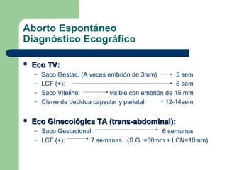 Aborto Espontáneo
Diagnóstico Ecográfico
 Eco TV:Eco TV:
– Saco Gestac. (A veces embrión de 3mm) 5 sem
– LCF (+): 6 sem
– Saco Vitelino: visible con embrión de 15 mm
– Cierre de decidua capsular y parietal 12-14sem
 Eco Ginecológica TA (trans-abdominal):Eco Ginecológica TA (trans-abdominal):
– Saco Gestacional: 6 semanas
– LCF (+): 7 semanas (S.G. =30mm + LCN=10mm)
 