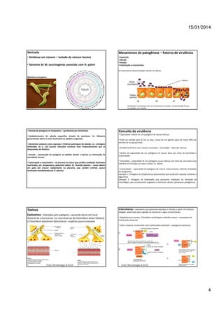 15/01/2014

Wolinella

Mecanismos de patogênese – Fatores de virulência

• Simbiose em rúmem – isolado de rúmem bovino

•Exposição
•Adesão
•Invasão
•Colonização e crescimento

• Genoma de W. succinogenes parecido com H. pylori

O crescimento descontrolado resulta em danos
Wolinella succinogenes

http://www.wolinella.mpg.de/

http://www.wolinella.mpg.de/

• Entrada do patógeno no hospedeiro – geralmente por ferimentos
• Estabelecimento de adesão específica através de proteínas. Ex: Neisseria
gonorrhoeae adere-se mais facilmente ao epitélio urogenital.
• Elementos celulares como cápsulas e fímbrias participam da adesão. Ex.: Linhagens
fimbriadas de E. coli causam infecções urinárias mais frequentemente que as
desprovidas de fímbrias.
• Invasão – penetração do patógeno no epitélio devido a injúrias ou eliminação da
microbiota normal
• Colonização e crescimento – só ocorrerá em áreas que contêm condições favoráveis
(nutrientes, pH, temperatura, potencial redox). Ex. Brucella abortus – causa aborto
em gado por crescer rapidamente na placenta, que contém eritritol, açúcar
facilmente metabolizado por B. abortus.

Conceito de virulência
• Capacidade relativa de um patógeno de causar doença.
• Pode ser medida pela DL-50, ou seja, a dose de um agente capaz de matar 50% dos
animais de um grupo teste.
• Virulência diminui com culturas sucessivas – atenuação – base das vacinas.
• Advém da capacidade de um patógeno em causar dano por meio da toxicidade e
invasividade.
• Toxicidade – capacidade de um patógeno causar doença por meio de uma toxina que
interfere em funções ou mata a célula. Ex. tétano
• Invasividade – capacidade do patógeno de crescer intensamente, inibindo atividades
do hospedeiro.
Exemplo 1: linhagens de Streptococcus pneumoniae que produzem cápsula, evitando a
fagocitose.
Exemplo 2: linhagens de Salmonella que produzem inibidores da atividade de
macrófagos, que normalmente englobam e eliminam células bacterianas patogênicas.

Enterotixinas – exotoxinas que provocam diarréias e vômitos a partir do intestino

Toxinas

delgado, adquiridas pela ingestão de alimentos e água contaminados.

Exotoxinas - liberadas pelo patógeno, causando danos em local
distante do crescimento. Ex. neurotoxinas de Clostridium tetani (tétano)
e Clostridium botulinum (botulismo) – espécies pouco invasivas

• Staphylococcus aureus, Clostridium perfringens e Bacillus cereus – causadores de
intoxicação alimentar.
• Vibrio cholerae, Escherichia coli e Salmonella enteritidis – patógenos intestinais.

Fonte: Microbiologia de Brock

Fonte: Microbiologia de Brock

4

 