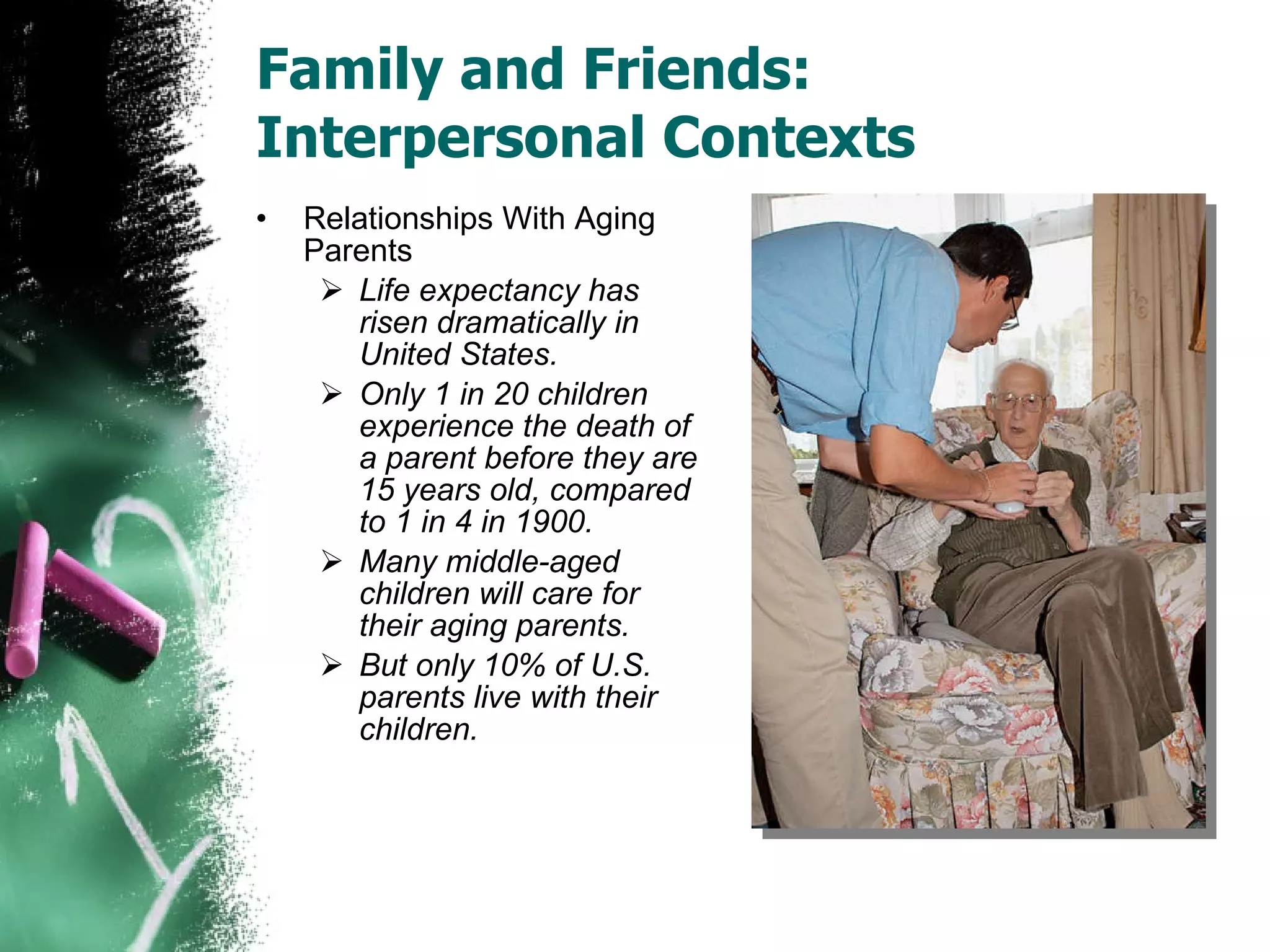 Family and Friends: Interpersonal Contexts Relationships With Aging Parents Life expectancy has risen dramatically in United States. Only 1 in 20 children experience the death of a parent before they are 15 years old, compared to 1 in 4 in 1900. Many middle-aged children will care for their aging parents. But only 10% of U.S. parents live with their children. 