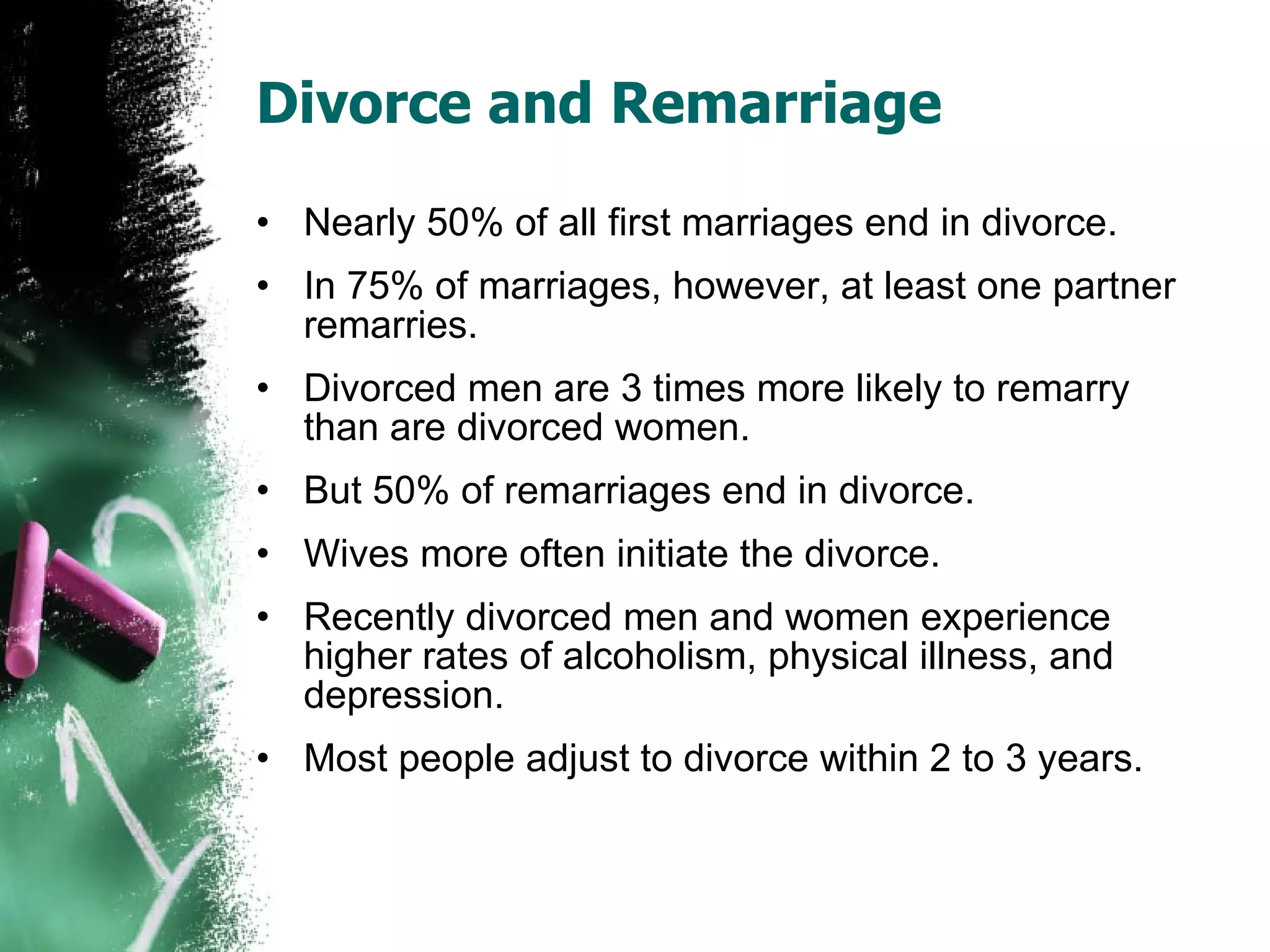 Divorce and Remarriage Nearly 50% of all first marriages end in divorce. In 75% of marriages, however, at least one partner remarries. Divorced men are 3 times more likely to remarry than are divorced women. But 50% of remarriages end in divorce. Wives more often initiate the divorce. Recently divorced men and women experience higher rates of alcoholism, physical illness, and depression. Most people adjust to divorce within 2 to 3 years. 