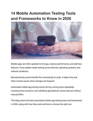 14 Mobile Automation Testing Tools and Frameworks to Know in 2026 | PDF