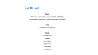 EMPRESA X
Missão
“Abastecer com excelência os mercados XXX XXXX XXXX ,
comprometidos com a ética e com os interesses da sociedade.”
Visão
Ser referência no mercado
Valores
Capital Humano
Trabalho
Honestidade
Organização
Criatividade
Persistência
 