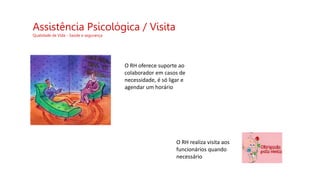 Assistência Psicológica / Visita
Qualidade de Vida - Saúde e segurança
O RH oferece suporte ao
colaborador em casos de
necessidade, é só ligar e
agendar um horário
O RH realiza visita aos
funcionários quando
necessário
 