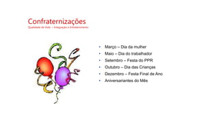 Confraternizações
Qualidade de Vida – Integração e Entretenimento
• Março – Dia da mulher
• Maio – Dia do trabalhador
• Setembro – Festa do PPR
• Outubro – Dia das Crianças
• Dezembro – Festa Final de Ano
• Aniversariantes do Mês
 