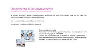 Treinamento & Desenvolvimento
Atração e Retenção de Talentos – Crescimento e Desenvolvimento Profissional
A empresa estimula e apoia o desenvolvimento profissional de seus colaboradores, para isso foi criado um
procedimento para Treinamento & Desenvolvimento.
LNT – Levantamento de necessidade de treinamento
Investimento: cada diretoria define o percentual
Treinamento de Integração
Tanto colaboradores diretos quanto estagiários e terceiros passam pelo
processo de integração da EMPRESA X.
Consiste em treinamento com o objetivo de integrar o participante à
realidade da empresa, informando-o sobre os processos inerentes à função
a ser exercida e aproximando-o das pessoas que nela atuam.
 