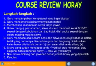 Sosialisasi KTSP
Langkah-langkah :
1. Guru menyampaikan kompetensi yang ingin dicapai
2. Guru mendemonstrasikan/menyajikan materi
3. Memberikan kesempatan siswa tanya jawab
4. Untuk menguji pemahaman, siswa disuruh membuat kotak 9/16/25
sesuai dengan kebutuhan dan tiap kotak diisi angka sesuai dengan
selera masing-masing siswa
5. Guru membaca soal secara acak dan siswa menulis jawaban di dalam
kotak yang nomornya disebutkan guru dan langsung didiskusikan,
kalau benar diisi tanda benar () dan salan diisi tanda silang (x)
6. Siswa yang sudah mendapat tanda  vertikal atau horisontal, atau
diagonal harus berteriak horay … atau yel-yel lainnya
7. Nilai siswa dihitung dari jawaban benar jumlah horay yang diperoleh
8. Penutup
 