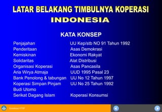Sosialisasi KTSP
KATA KONSEP
Penjajahan UU Kep/stb NO 91 Tahun 1992
Penderitaan Asas Demokrasi
Kemiskinan Ekonomi Rakyat
Solidaritas Alat Distribusi
Organisasi Koperasi Asas Pancasila
Aria Wirya Atmaja UUD 1995 Pasal 23
Bank Penolong & tabungan UU No 12 Tahun 1997
Koperasi Simpan Pinjam UU No 25 Tahun 1992
Budi Utomo
Serikat Dagang Islam Koperasi Konsumsi
 