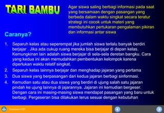 Sosialisasi KTSP
Caranya?
1. Separuh kelas atau seperempat jika jumlah siswa terlalu banyak berdiri
berjajar . Jika ada cukup ruang mereka bisa berjajar di depan kelas.
Kemungkinan lain adalah siswa berjajar di sela-sela deretan bangku. Cara
yang kedua ini akan memudahkan pembentukan kelompok karena
diperlukan waktu relatif singkat.
2. Separuh kelas lainnya berjajar dan menghadap jajaran yang pertama
3. Dua siswa yang berpasangan dari kedua jajaran berbagi sinformasi.
4. Kemudian satu atau dua siswa yang berdiri di ujung salah satu jajaran
pindah ke ujung lainnya di jajarannya. Jajaran ini kemudian bergeser.
Dengan cara ini masing-masing siswa mendapat pasangan yang baru untuk
berbagi. Pergeseran bisa dilakukan terus sesuai dengan kebutuhan
Agar siswa saling berbagi informasi pada saat
yang bersamaan dengan pasangan yang
berbeda dalam waktu singkat secara teratur
strategi ini cocok untuk materi yang
membutuhkan pertukaran pengalaman pikiran
dan informasi antar siswa
 