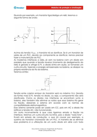 Quando por exemplo, um transistor liga/desliga um relé, teremos a
seguinte forma de onda:

Acima da tensão VCEO , o transistor irá se danificar. Se é um transistor de
saída de um PLC, devido ao componente se danificar, iremos precisar
fazer a manutenção do PLC.
As modernas interfaces a relés, já vem na bobina com um diodo em
paralelo que quando a tensão reversa (momento do desligamento do
relé) é gerada e atinge 0,7V, o diodo entra em ação, se tornando um
curto-circuito, fazendo a energia armazenada na bobina, se dissipar na
própria resistência do fio da bobina.
Teremos então:

Tensão entre coletor emissor do transistor será no máximo Vcc (tensão
da fonte) mais 0,7V, tensão no diodo, ou seja, o componente não será
danificado. Como os diodos nas interfaces se encontram junto a
bobina, eles também irão eliminar os ruídos que essa bobina iria gerar
na fiação, deixando o sistema em acordo com as normas de
compatibilidade eletromagnética.
Esse sistema somente pode ser usado em CC, pois em AC o diodo iria
retificar a tensão AC, não funcionando.
Um outro inconveniente é que caso ligarmos errado a fiação na
interface, teremos um curto-circuito na linha, pois o diodo “roda livre” ,
ficará em estado de condução, o que irá causar por exemplo, a
queima do transistor chaveador de um PLC. A maneira de se eliminar
esse problema é a utilização de um outro diodo em série com todo

Documento criado por: Engenharia de Produtos
Finder Componentes Ltda.

18

 