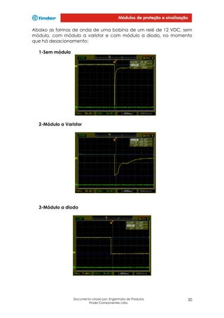 Abaixo as formas de onda de uma bobina de um relé de 12 VDC, sem
módulo, com módulo a varistor e com módulo a diodo, no momento
que há desacionamento:
1-Sem módulo

2-Módulo a Varistor

3-Módulo a diodo

Documento criado por: Engenharia de Produtos
Finder Componentes Ltda.

20

 