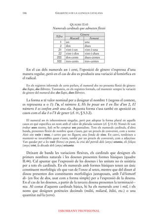 GRAMÀTICA DE LA LLENGUA CATALANA
ESBORRANY PROVISIONAL
146
QUADRE II.43
Numerals cardinals que admeten flexió
Gènere
Xifra
Masculí Femení
1 un una
2 dos dues
21 vint-i-un vint-i-una
22 vint-i-dos vint-i-dues
200 dos-cents dues-centes
300 tres-cents tres-centes
En el cas dels numerals un i cent, l’oposició de gènere s’expressa d’una
manera regular, però en el cas de dos es produeix una variació al·lomòrfica en
el radical.
En els registres informals de certs parlars, el numeral dos no presenta flexió de gènere:
dos llapis, dos llibretes. Tanmateix, en els registres formals, cal mantenir sempre la variació
de gènere del numeral dos: dos llapis, dues llibretes.
La forma u té valor nominal per a designar el nombre 1 (segons el context,
es representa u o 1): l’u, el número 1, Hi he posat un 1 en lloc d’un 2, El
número 1 es confon amb una ela. Aquesta forma s’usa també en aposició en
casos com el dia 1 o l’1 de gener (cf. IV, § 5.3.2).
El numeral un és inherentment singular, però pot adoptar la forma plural en aquells
casos en què especifica un nom amb el valor de pluralia tantum (cf. § 11.4): Només hi van
trobar unes tisores, Sols m’he comprat uns pantalons. Tots els numerals cardinals, d’altra
banda, presenten flexió de nombre quan s’usen, per un procés de conversió, com a noms:
Això són vuits i nous, i cartes que no lliguen; una fonda de sisos. En canvi, tendeixen a
mantenir-se invariables quan s’usen, també per un procés de conversió, com a adjectius:
Van quedar per a les vuit (hores) en punt, la crisi del petroli dels (anys) setanta, els feliços
(anys) vint, la dècada dels (anys) seixanta.
Deixant de banda les variacions flexives, els cardinals que designen els
primers nombres naturals i les desenes presenten formes bàsiques (quadre
II.44). Cal apuntar que l’expressió de les desenes i les unitats no és unitària
per a tots els cardinals. En els numerals amb formes bàsiques tenen un únic
constituent morfològic els que van de l’onze al setze, mentre que del disset al
dinou presenten dos constituents morfològics juxtaposats, amb l’al·lomorf
di- (en lloc de deu, usat com a forma simple) per a l’expressió de la desena.
En el cas de les desenes, a partir de la tercera desena presenten la terminació -
nta. Al costat d’aquests cardinals bàsics, hi ha els numerals cent i mil, i els
noms que designen potències decimals (milió, miliard, bilió, etc.) o una
quantitat nul·la (zero).
 