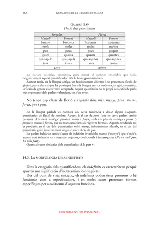 GRAMÀTICA DE LA LLENGUA CATALANA
ESBORRANY PROVISIONAL
152
QUADRE II.49
Flexió dels quantitatius
Singular Plural
Masculí Femení Masculí Femení
bastant bastanta bastants bastantes
molt molta molts moltes
poc poca pocs poques
quant quanta quants quantes
qui-sap-lo qui-sap-la qui-sap-los qui-sap-les
tant tanta tants tantes
gaire gaires
En parlars baleàrics, tanmateix, gaire manté el caràcter invariable que tenia
originàriament aquest quantificador: No hi havia gaire assistents.
Bastant tenia, en la llengua antiga, un funcionament diferent i no presentava flexió de
gènere, particularitat que ha pervingut fins a la llengua escrita moderna, en què, tanmateix,
la flexió de gènere és corrent i acceptada. Aquest quantitatiu no és propi dels estils de parla
més espontanis dels parlars valencians, on s’usa prou.
No tenen cap classe de flexió els quantitatius més, menys, prou, massa,
força, que i gens.
En la llengua parlada es constata una certa tendència a dotar alguns d’aquests
quantitatius de flexió de nombre. Aquest és el cas de prou (que en certs parlars també
presenta el femení analògic prouta), massa i força, amb els plurals analògics prous (i
proutes), masses i forces, que no transcendeixen als registres formals. Aquesta tendència no
es produeix en el cas dels quantitatius més i menys, inherentment plurals, en el cas del
quantitatiu gens, inherentment singular, ni en el cas de que.
En parlars baleàrics també s’usen els indefinits invariables manco (‘menys’) i pus (‘més’),
aquest usat solament en contextos negatius, condicionals i interrogatius (No en vull pus,
En vols pus?).
Quant als usos sintàctics dels quantitatius, cf. la part V.
14.3. LA MORFOLOGIA DELS INDEFINITS
Dins la categoria dels quantificadors, els indefinits es caracteritzen perquè
aporten una significació d’indeterminació o vaguetat.
Des del punt de vista sintàctic, els indefinits poden ésser pronoms o bé
funcionar com a especificadors, i en molts casos presenten formes
específiques per a cadascuna d’aquestes funcions.
 