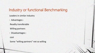 Leaders in similar industry
• Advantages:-
Readily transferable
Willing partners
• Disadvantages:-
cost
Some “willing partners” not so willing
Industry or functional Benchmarking
 