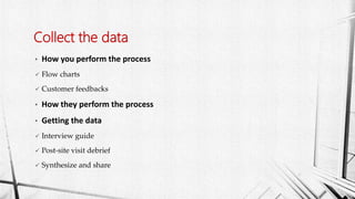 • How you perform the process
 Flow charts
 Customer feedbacks
• How they perform the process
• Getting the data
 Interview guide
 Post-site visit debrief
 Synthesize and share
Collect the data
 