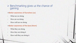 Better awareness of Ourselves (us)
• What are we doing
• How are we doing
• How well are we doing
Better awareness of the best (them)
• What they are doing
• How they are doing it
• How well they are doing it
 Benchmarking gives us the chance of
gaining
 