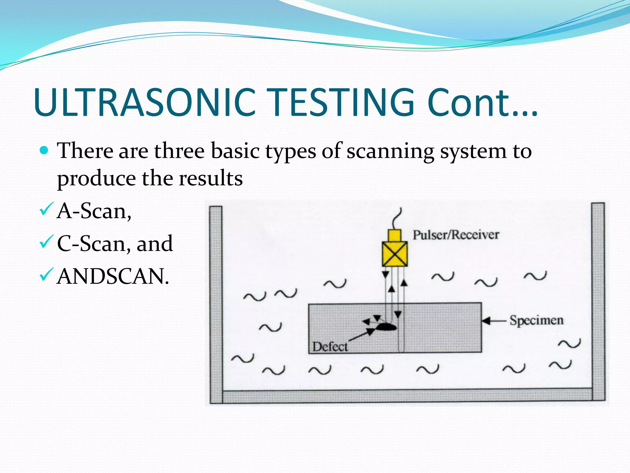 ULTRASONIC TESTING Cont…
 There are three basic types of scanning system to
produce the results
A-Scan,
C-Scan, and
ANDSCAN.
 