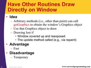 Multithreaded Graphics10 www.corewebprogramming.com
Have Other Routines Draw
Directly on Window
• Idea
– Arbitrary methods (i.e., other than paint) can call
getGraphics to obtain the window’s Graphics object
– Use that Graphics object to draw
– Drawing lost if
• Window covered up and reexposed
• The update method called (e.g., via repaint)
• Advantage
– Fast
• Disadvantage
– Temporary
 