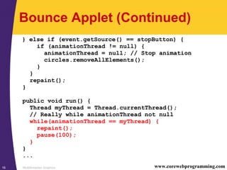 Multithreaded Graphics16 www.corewebprogramming.com
Bounce Applet (Continued)
} else if (event.getSource() == stopButton) {
if (animationThread != null) {
animationThread = null; // Stop animation
circles.removeAllElements();
}
}
repaint();
}
public void run() {
Thread myThread = Thread.currentThread();
// Really while animationThread not null
while(animationThread == myThread) {
repaint();
pause(100);
}
}
...
 