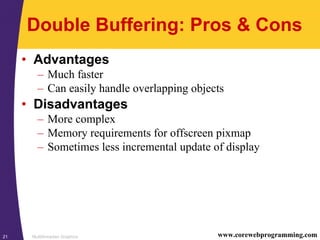 Multithreaded Graphics21 www.corewebprogramming.com
Double Buffering: Pros & Cons
• Advantages
– Much faster
– Can easily handle overlapping objects
• Disadvantages
– More complex
– Memory requirements for offscreen pixmap
– Sometimes less incremental update of display
 