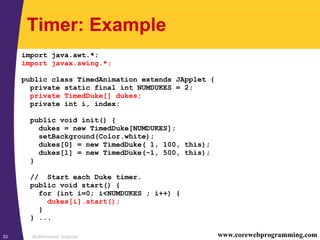 Multithreaded Graphics33 www.corewebprogramming.com
Timer: Example
import java.awt.*;
import javax.swing.*;
public class TimedAnimation extends JApplet {
private static final int NUMDUKES = 2;
private TimedDuke[] dukes;
private int i, index;
public void init() {
dukes = new TimedDuke[NUMDUKES];
setBackground(Color.white);
dukes[0] = new TimedDuke( 1, 100, this);
dukes[1] = new TimedDuke(-1, 500, this);
}
// Start each Duke timer.
public void start() {
for (int i=0; i<NUMDUKES ; i++) {
dukes[i].start();
}
} ...
 