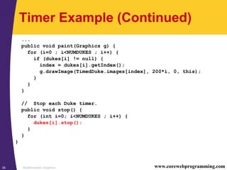 Multithreaded Graphics34 www.corewebprogramming.com
Timer Example (Continued)
...
public void paint(Graphics g) {
for (i=0 ; i<NUMDUKES ; i++) {
if (dukes[i] != null) {
index = dukes[i].getIndex();
g.drawImage(TimedDuke.images[index], 200*i, 0, this);
}
}
}
// Stop each Duke timer.
public void stop() {
for (int i=0; i<NUMDUKES ; i++) {
dukes[i].stop();
}
}
}
 