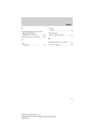 S
Scheduled Maintenance Guide
Normal Scheduled
Maintenance and Log ...............52
Spark plugs, specifications .....8, 42
T
Tires
changing ....................................27
Towing
wrecker ......................................30
Transmission
fluid, refill capacities ................43
W
Warning lights (see Lights) .......14
Wrecker towing ...........................30
Index
63
2014 05+ Mustang (197)
Supplement, 1st Printing, December 2012
USA (fus)
 
