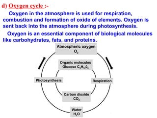 d) Oxygen cycle :-
Oxygen in the atmosphere is used for respiration,
combustion and formation of oxide of elements. Oxygen is
sent back into the atmosphere during photosynthesis.
Oxygen is an essential component of biological molecules
like carbohydrates, fats, and proteins.
Atmospheric oxygen
O2
Organic molecules
Glucose C6H1206
Photosynthesis Respiration
Carbon dioxide
CO2
Water
H2O
 