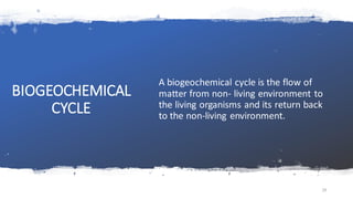BIOGEOCHEMICAL
CYCLE
A biogeochemical cycle is the flow of
matter from non- living environment to
the living organisms and its return back
to the non-living environment.
29
 