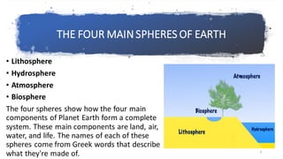 THE FOUR MAIN SPHERES OF EARTH
• Lithosphere
• Hydrosphere
• Atmosphere
• Biosphere
The four spheres show how the four main
components of Planet Earth form a complete
system. These main components are land, air,
water, and life. The names of each of these
spheres come from Greek words that describe
what they're made of. 3
 