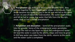 6. Precipitation - As more and more water droplets form, they
will join together to form bigger water drops in the clouds. These
drops become too heavy to stay in the air and will fall to the earth
as rain. In case of extremely cold weather, the water might freeze
and fall as hail or snow. Any water that falls from the sky-rain,
snow, sleet or hail is called precipitation.
7. Percolation and absorption - Some of the precipitation soaks
into the ground. Some of the underground water percolates
through the rock or clay layers to reach the underground water.
On land the water is used by the plants, crops and trees to grow.
In this way water was taken from the earth, returns to the earth
and the water cycle is completed.
33
 