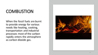 COMBUSTION
When the fossil fuels are burnt
to provide energy for various
needs like heating, cooking,
transportation and industrial
processes most of the carbon
rapidly enters the atmosphere
as carbon dioxide gas.
42
 