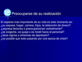 Preocuparse de su realización
El aspecto mas importante de su vida en este momento es:
¿su esposa, hogar, carrera, hijos, la obtención de dinero?
¿expresa temores o preocupaciones verbalmente?
¿es exigente, se queja o es hostil hacia el personal?
¿tiene signos o síntomas de depresión?
¿es posible que este pasando por una epoca de crisis?
12
 