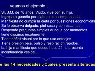 veamos el ejemplo…
Sr. J.M. de 78 años. Viudo, vive con su hija.
Ingresa a guardia por diabetes descompensada.
Manifiesta no cumplir la dieta por cuestiones económicas
Se lo observa delgado, piel seca y con escamas.
Responde preguntas simples aunque por momentos
tiene discurso incoherente.
Tiene déficit visual por lo que usa anteojos
Tiene presión baja, pulso y respiración rápidos.
La hija manifiesta que desde hace 24 hs presenta
incontinencia vesical.
e las 14 necesidades ¿Cuáles presenta alteradas
 