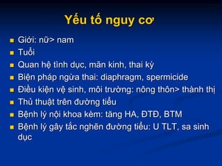 Yếu tố nguy cơ
 Giới: nữ> nam
 Tuổi
 Quan hệ tình dục, mãn kinh, thai kỳ
 Biện pháp ngừa thai: diaphragm, spermicide
 Điều kiện vệ sinh, môi trường: nông thôn> thành thị
 Thủ thuật trên đường tiểu
 Bệnh lý nội khoa kèm: tăng HA, ĐTĐ, BTM
 Bệnh lý gây tắc nghẽn đường tiểu: U TLT, sa sinh
dục
 
