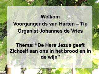 Welkom
Voorganger ds van Harten – Tip
Organist Johannes de Vries
Thema: “De Here Jezus geeft
Zichzelf aan ons in het brood en in
de wijn”
 
