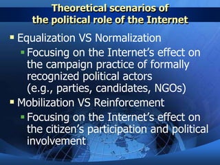 Theoretical scenarios of
     the political role of the Internet
 Equalization VS Normalization
   Focusing on the Internet’s effect on
    the campaign practice of formally
    recognized political actors
    (e.g., parties, candidates, NGOs)
 Mobilization VS Reinforcement
   Focusing on the Internet’s effect on
    the citizen’s participation and political
    involvement
 