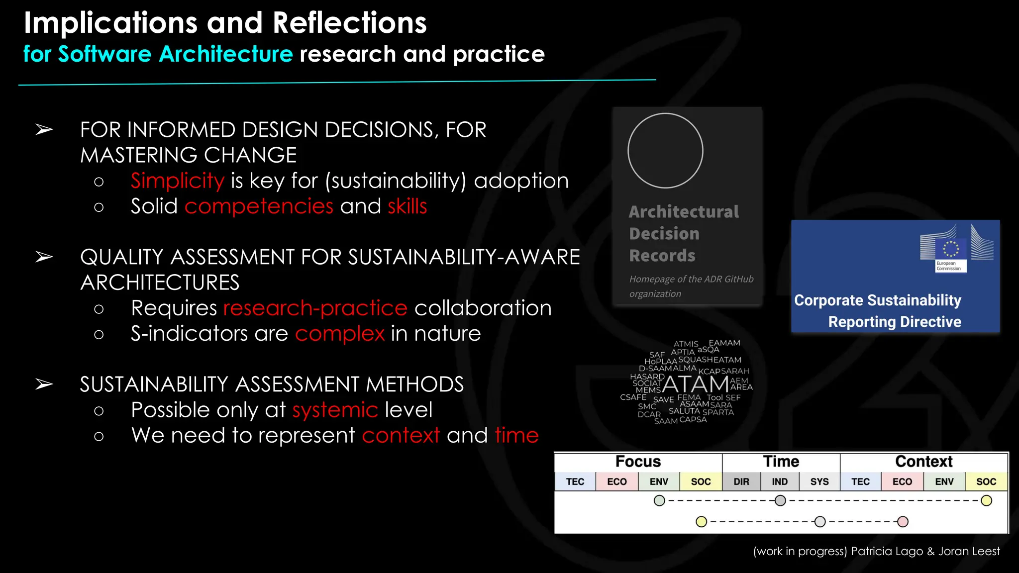➢ FOR INFORMED DESIGN DECISIONS, FOR
MASTERING CHANGE
○ Simplicity is key for (sustainability) adoption
○ Solid competencies and skills
➢ QUALITY ASSESSMENT FOR SUSTAINABILITY-AWARE
ARCHITECTURES
○ Requires research-practice collaboration
○ S-indicators are complex in nature
➢ SUSTAINABILITY ASSESSMENT METHODS
○ Possible only at systemic level
○ We need to represent context and time
Implications and Reflections
for Software Architecture research and practice
(work in progress) Patricia Lago & Joran Leest
 