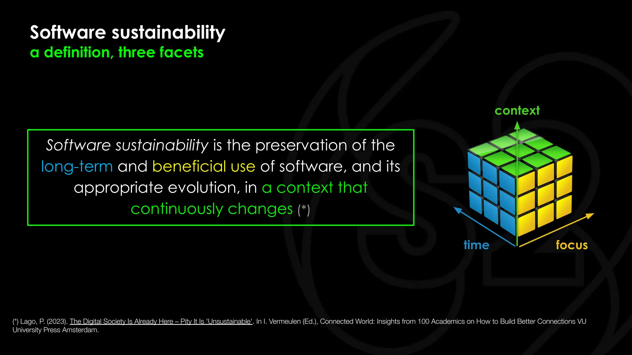 Software sustainability
a definition, three facets
(*) Lago, P. (2023). The Digital Society Is Already Here – Pity It Is 'Unsustainable'. In I. Vermeulen (Ed.), Connected World: Insights from 100 Academics on How to Build Better Connections VU
University Press Amsterdam.
Software sustainability is the preservation of the
long-term and beneficial use of software, and its
appropriate evolution, in a context that
continuously changes (*)
focus
time
context
 