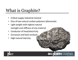 What is Graphite?
•  CriJcal	
  supply	
  industrial	
  mineral	
  
•  One	
  of	
  two	
  natural	
  carbon	
  polymers	
  (diamonds)	
  
•  Light	
  weight	
  with	
  highest	
  natural	
  	
  
strength	
  and	
  sJﬀness	
  of	
  any	
  material	
  
•  Conductor	
  of	
  heat/electricity	
  
•  Corrosion	
  and	
  heat	
  resistant	
  
•  High	
  natural	
  lubricity	
  
15	
  
 